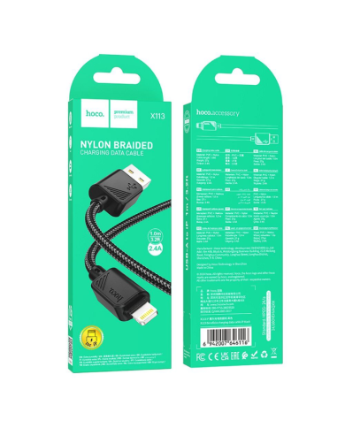 CAVO DI RICARICA HOCO TIPO A IPHONE APPLE TELATO NYLON NERO RINFORZATO