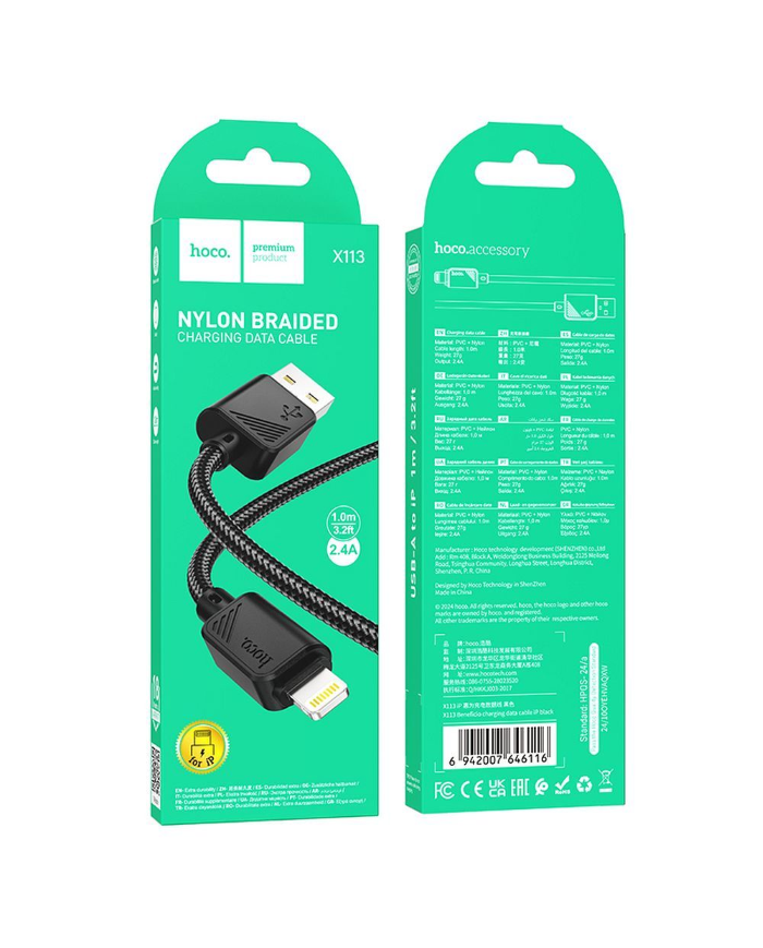 CAVO DI RICARICA HOCO TIPO A IPHONE APPLE TELATO NYLON NERO RINFORZATO