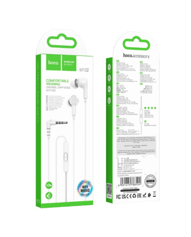 CUFFIE AURICOLARI CON MICROFONO 1,2 METRI JACK 3,5MM BIANCHE HOCO M102