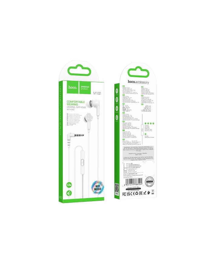 CUFFIE AURICOLARI CON MICROFONO 1,2 METRI JACK 3,5MM BIANCHE HOCO M102