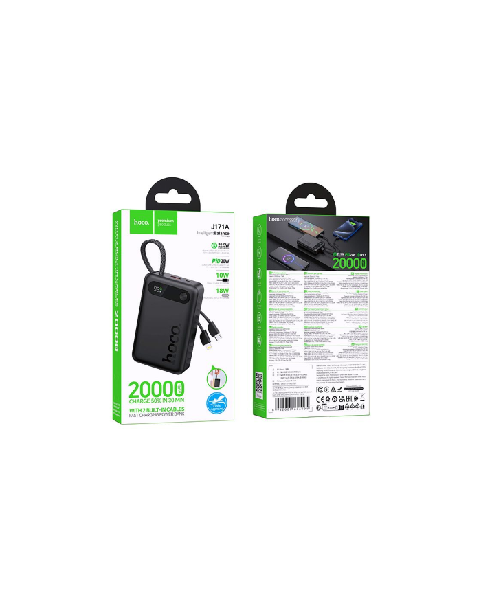 POWERBANK HOCO 20000 MAH QC PD 22,5W CON CAVI INTEGRATI TYPE-C + LIGHTNING J171A NERO