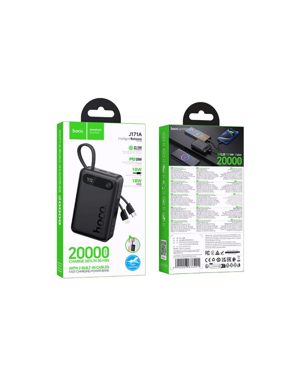 POWERBANK HOCO 20000 MAH QC PD 22,5W CON CAVI INTEGRATI TYPE-C + LIGHTNING J171A NERO